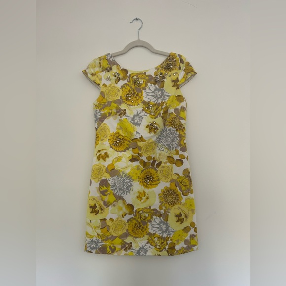Yellow, floral dress with cap sleeves and rhinestone embellishment - Picture 1 of 2
